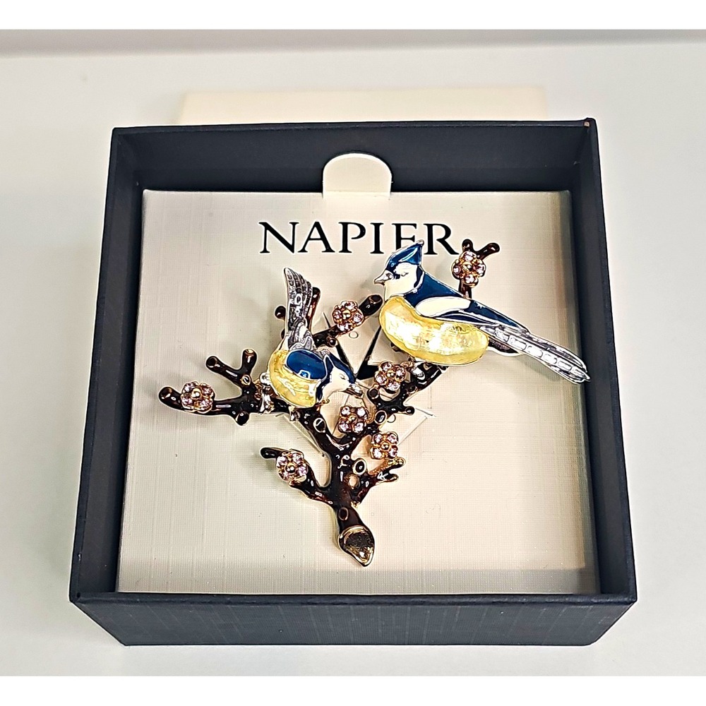 Napier Bird on Branch Brooch Pin Gold Blue White Enamel Rhinestones